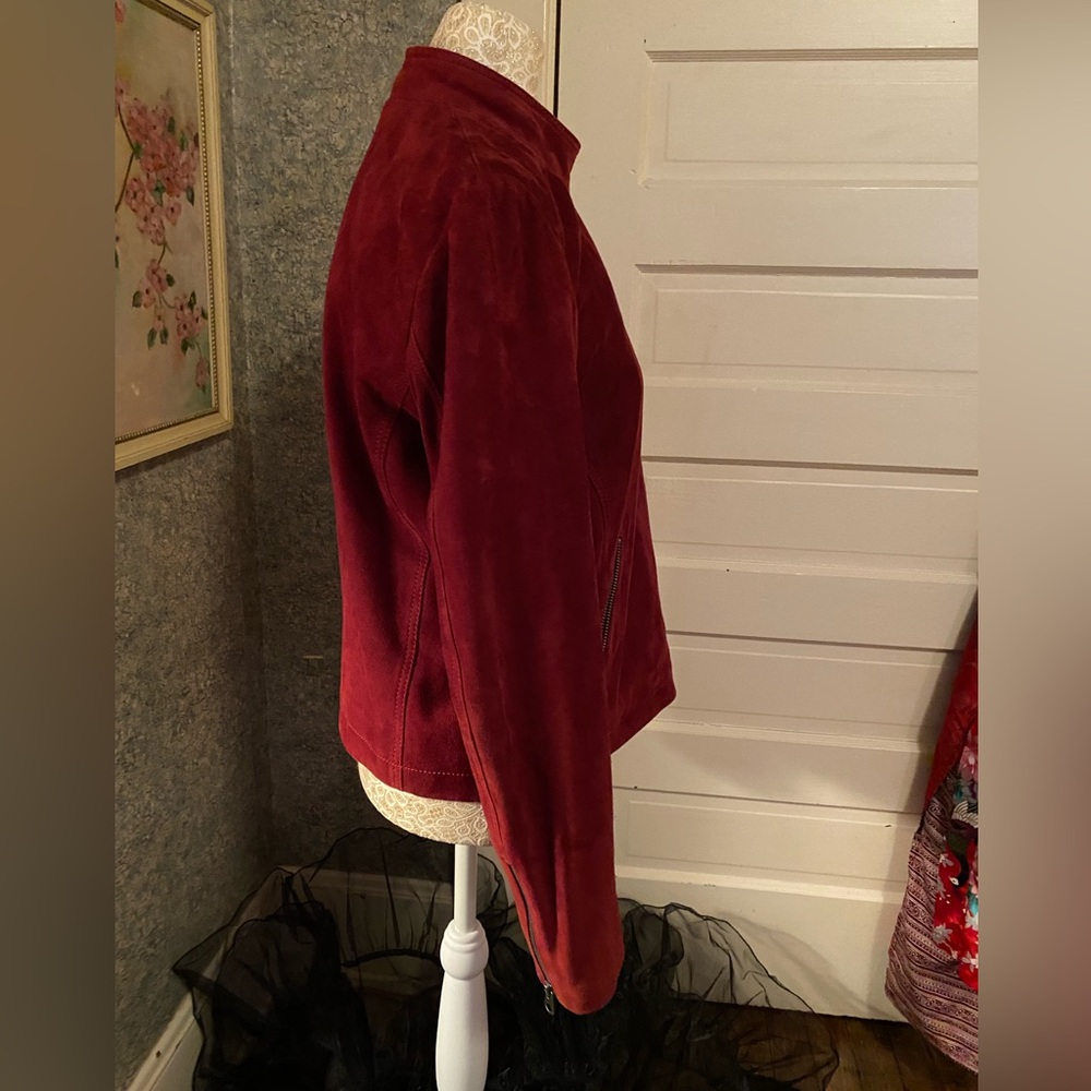 Burgundy red goat suede Moto jacket puffed sleeve Lucky Brand size M great cond! - Picture 3 of 10